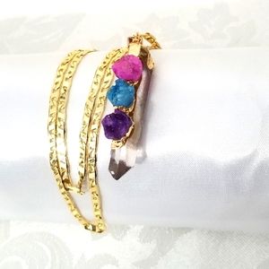 Multicolor Druzy Pendulum Women's Necklace. 14K Gold Plated. New